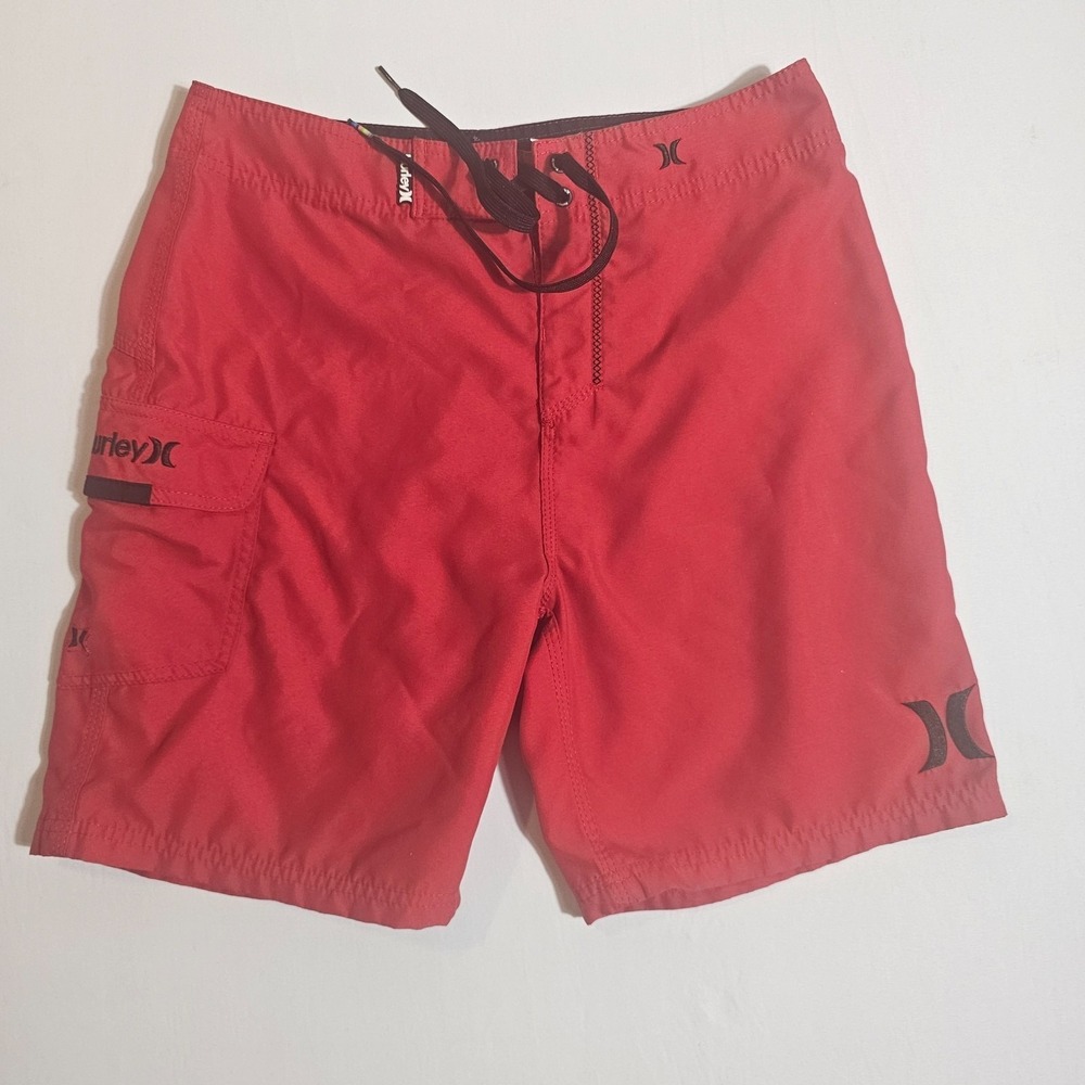Hurley Board Shorts Mens 29 Red Logo Embroidered Cargo Pocket Swim Wear Surfing